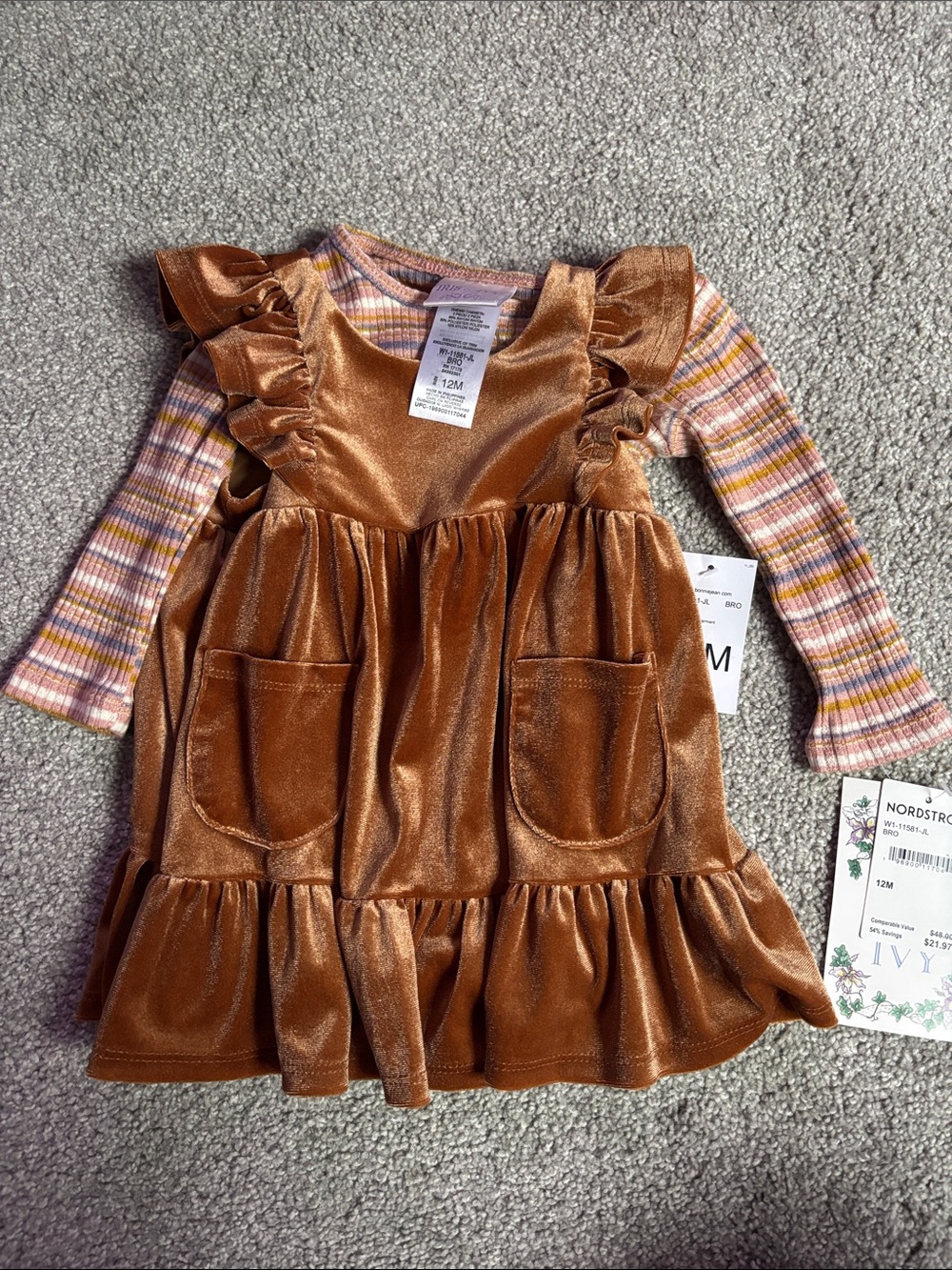 iris & ivy Rust Velvet Pinafore Dress with Striped Long Sleeve Top